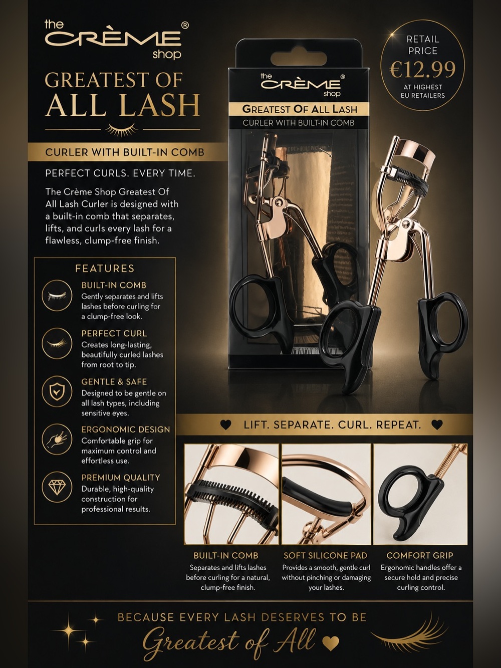 The Crème Shop Rose Gold & Black Lash Curler with Built-In Comb